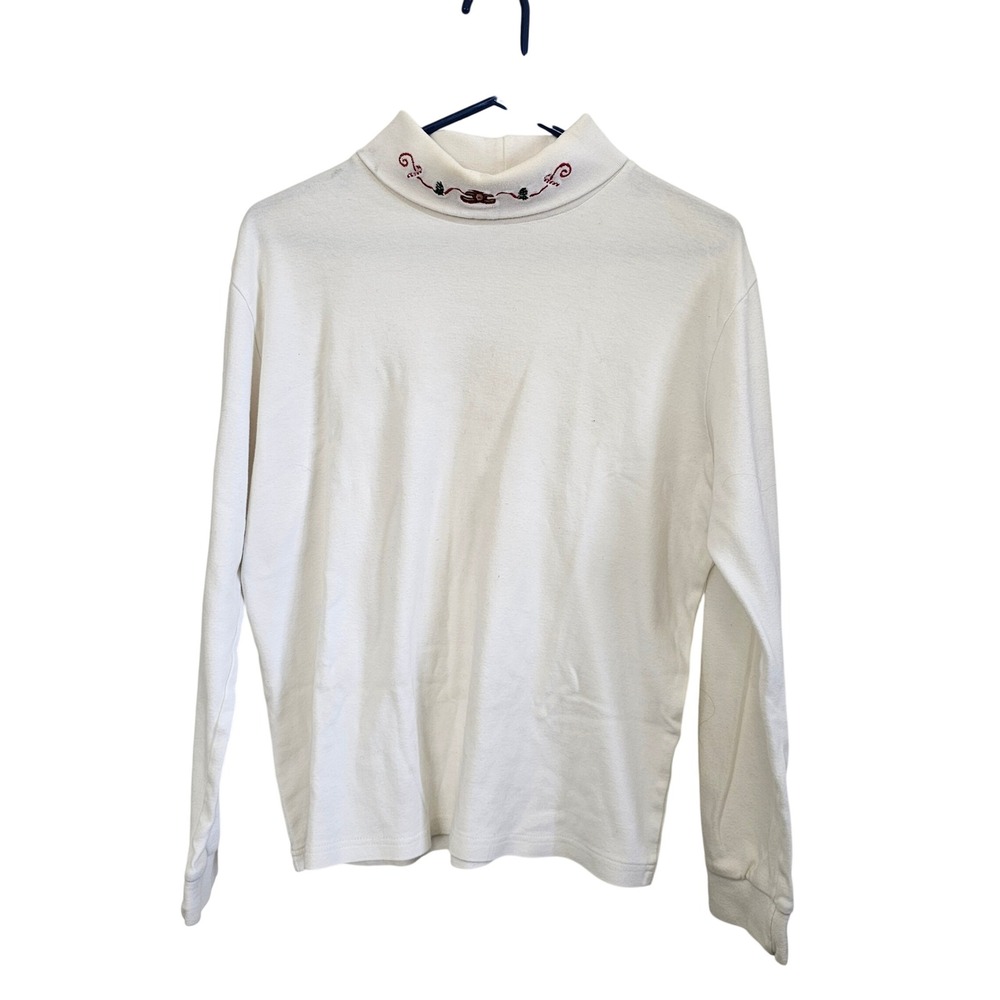Partners Turtleneck Long Sleeve Top White Embroidered Cotton Size‎ L